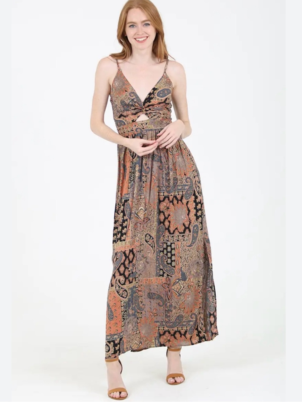 Boho Paisley Print Maxi Dress in Rust and Black